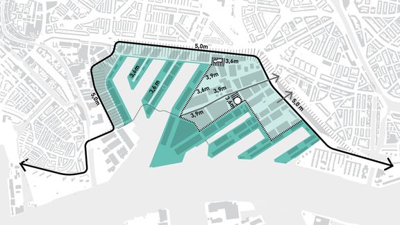 Karte des Gebietes Merwe-vierhaven zur Wassersicherheit. Pfeile visualisieren die Evakuierungswege