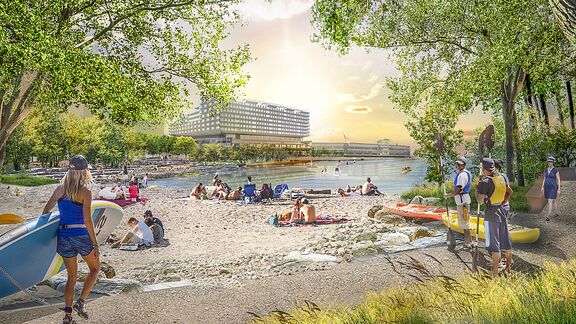 Toekomstbeeld met strand van de Rotterdamse Rijnhaven