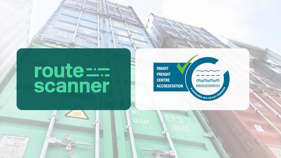 Routescanner and GLEC logo's against a containerbackdrop