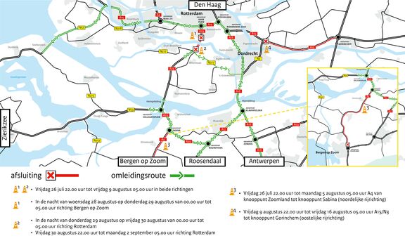 Kaart omleidingen Heinenoordtunnel afsluiting juli en aug 2024.