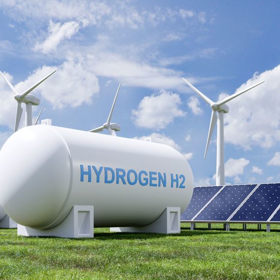 Hydrogen tank, wind turbines and solar panels